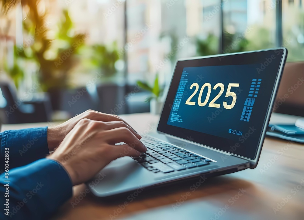 New year, business plan, and goals concept with a businessman's hand using a laptop computer, working on an office table background with a virtual screen display showing the text New year, business plan, and goals concept with a businessman's hand using a laptop computer, working on an office table background with a virtual screen display showing the text