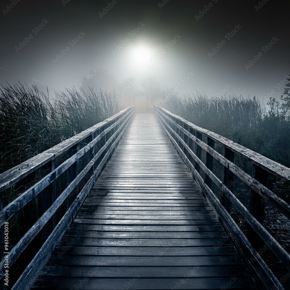 Horror ghost scary wooden bridge with fog and light sunlight effect, halloween mystery darkness Horror ghost scary wooden bridge with fog and light sunlight effect, halloween mystery darkness