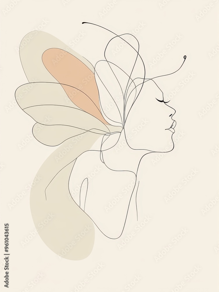 a minimal single line art of a woman with butterfly wings emerging from her back, hand drawn style minimalist line art, beige colors and pastel tones, cream-colored background a minimal single line art of a woman with butterfly wings emerging from her back, hand drawn style minimalist line art, beige colors and pastel tones, cream-colored background