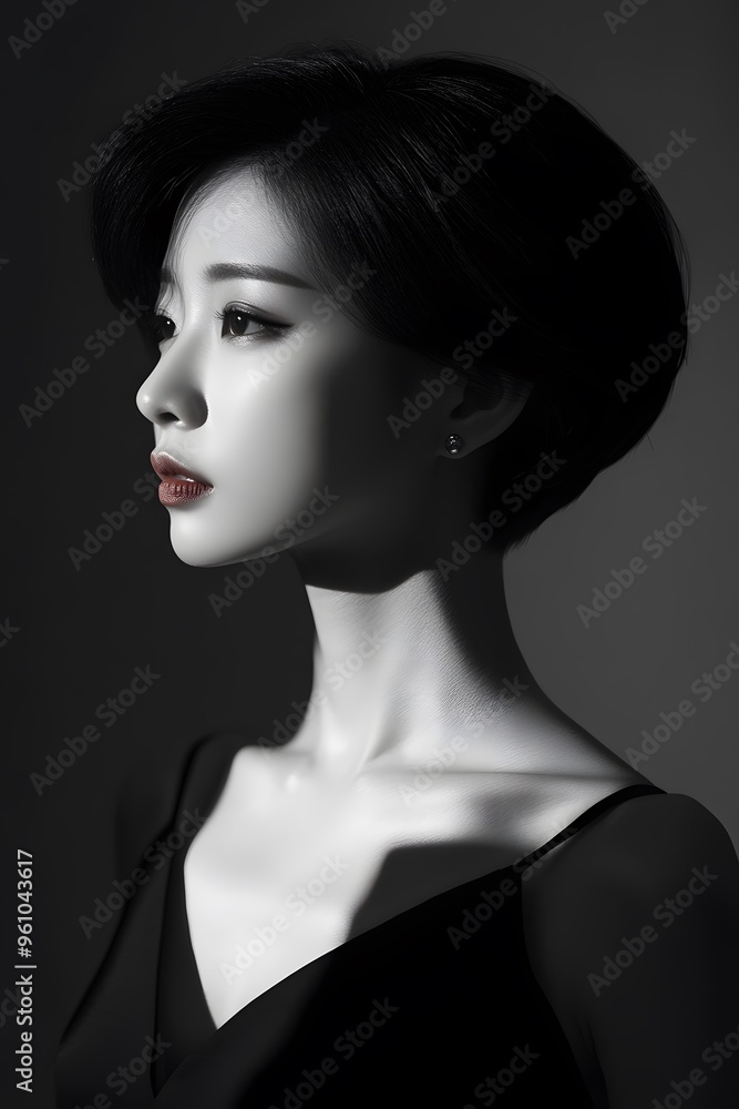 Portrait of Young Woman with Short Black Hair in Black Dress Portrait of Young Woman with Short Black Hair in Black Dress