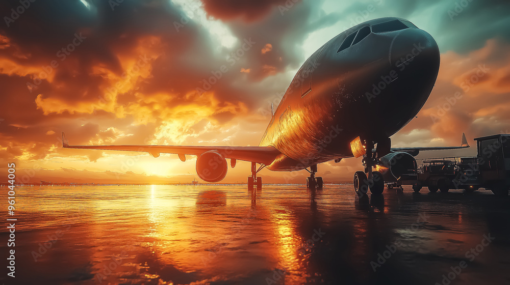 Silhouette of an airplane at sunset, reflecting a sense of adventure and travel, suitable for vacation or tourism-related designs. Silhouette of an airplane at sunset, reflecting a sense of adventure and travel, suitable for vacation or tourism-related designs.
