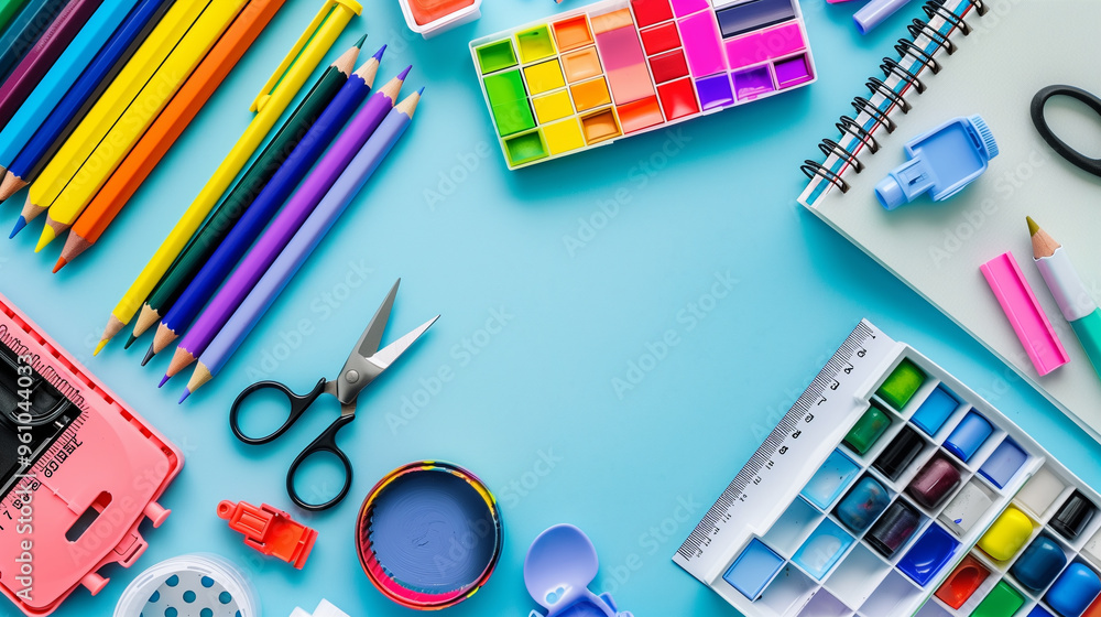 Colorful Art Supplies on Blue Background Colorful Art Supplies on Blue Background