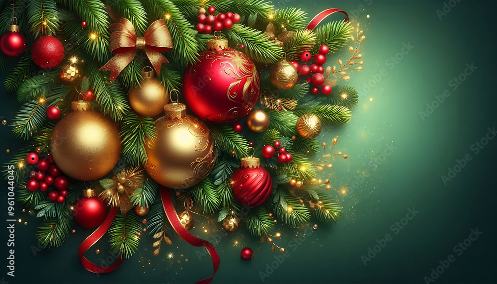Fototapeta premium A festive holiday background featuring evergreen pine branches adorned with red and gold Christmas ornaments. Delicate sparkles and a light dusting of glitter enhance the festive atmosphere