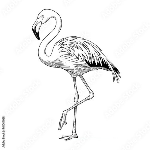 Flamingo. Pink flamingo icon. Flamingo black and white sketch isolated on white. Illustration of flamingo bird for adult coloring page, tattoo, logo, book. Black and white flamingo silhouette.
