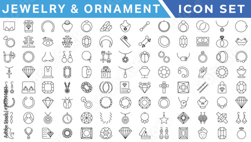 Jewelry related icons: thin vector icon set, black and white kit.diamond, gemstones and jewelry related, thin line icon set