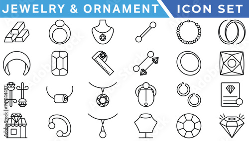 Jewelry related icons: thin vector icon set, black and white kit.diamond, gemstones and jewelry related, thin line icon set