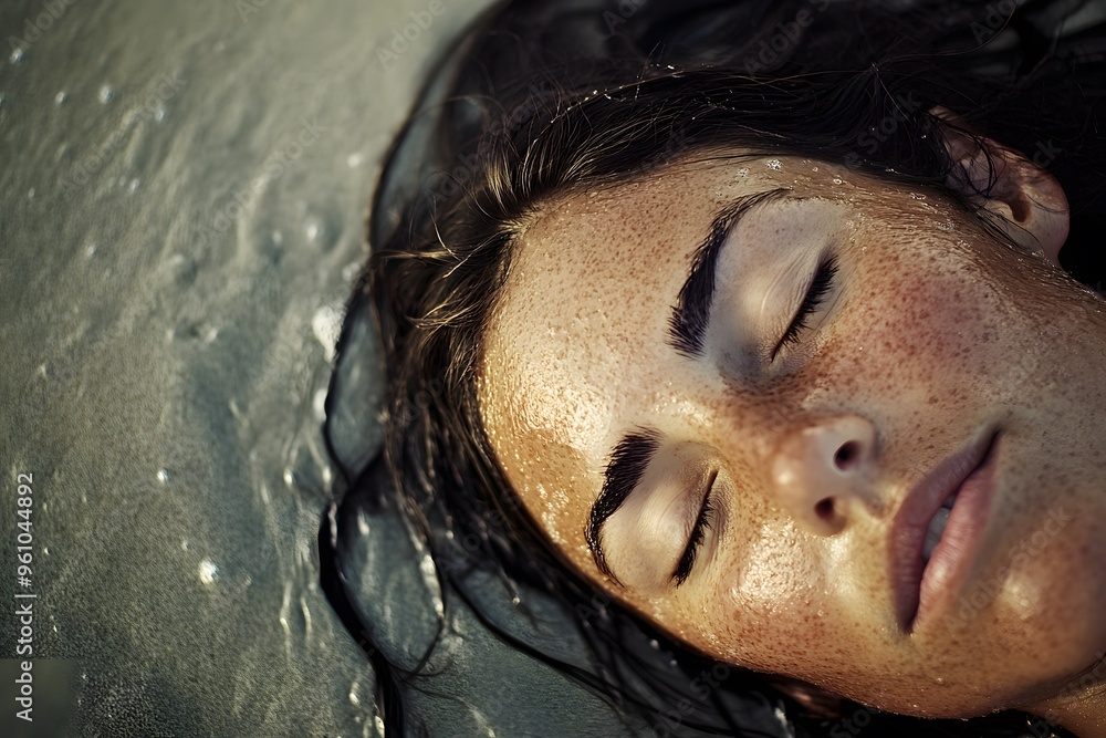 Fototapeta premium Woman with Freckles in Water Eyes Closed Wet Hair Beauty Close up