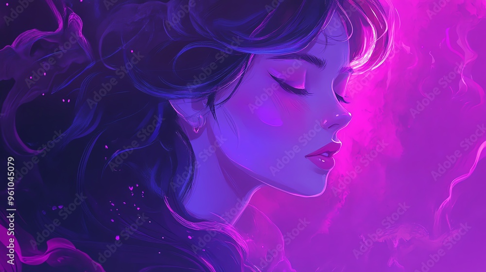 A mesmerizing portrait of a woman in cosmic colors, embodying serenity and beauty in a dreamlike ambiance. A mesmerizing portrait of a woman in cosmic colors, embodying serenity and beauty in a dreamlike ambiance.