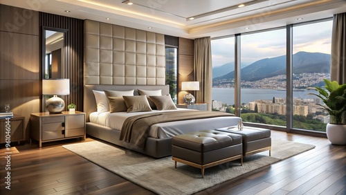 Sleek and sophisticated bedroom furniture adorns a chic retreat overlooking Monaco's picturesque coast, exuding