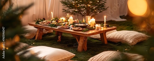 A bohoinspired Christmas picnic with a low wooden table