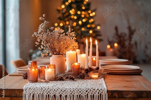 A bohostyle Christmas dinner with a wooden table photo