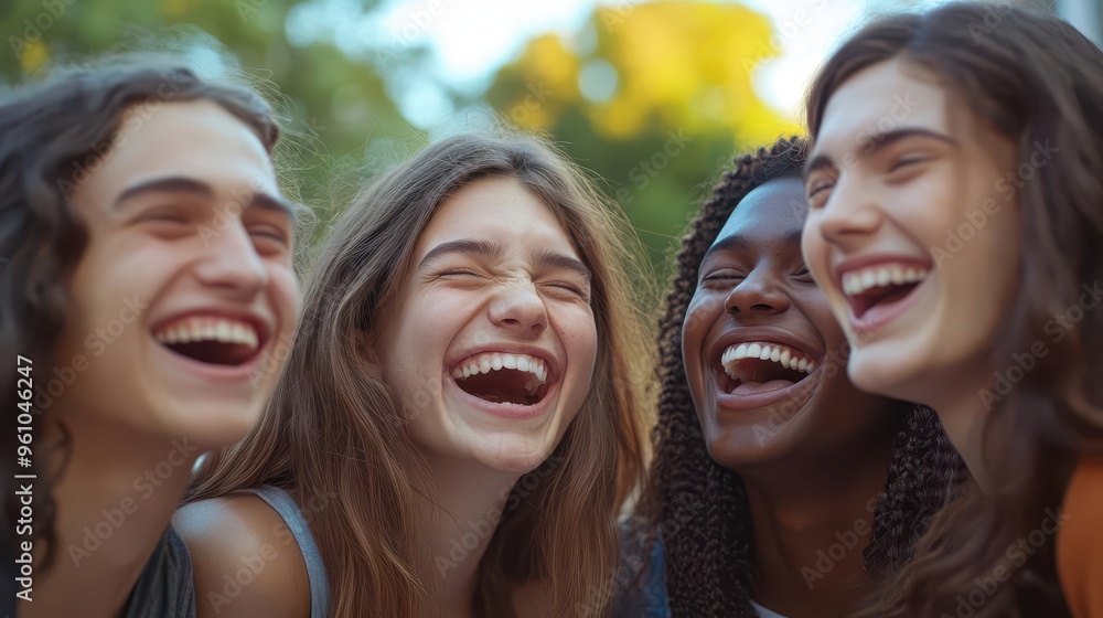 Fototapeta premium Group of friends laughing after a playful prank, highlighting their joyful camaraderie, close-up, whimsical, manipulation, college campus backdrop