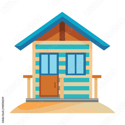 Illustration of wooden hut is a beach on white