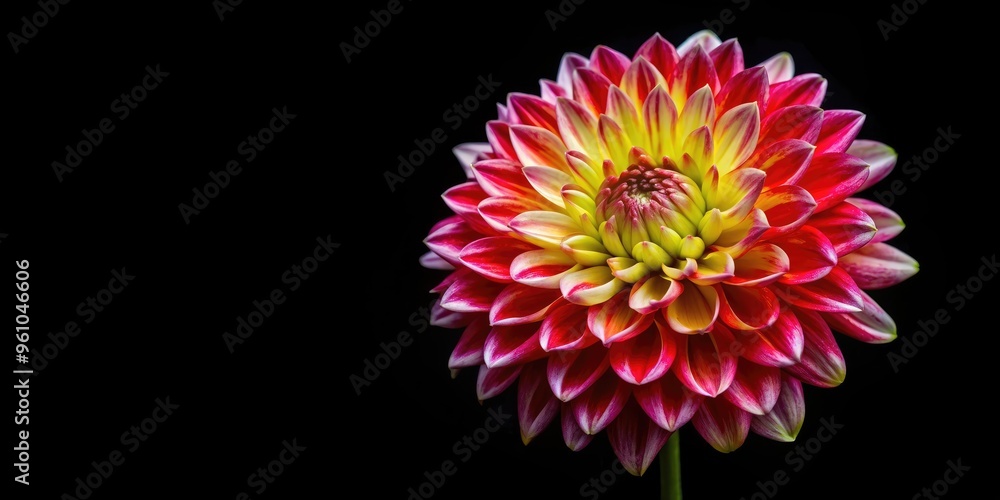 Fototapeta premium Vibrant pink and yellow dahlia flower in full bloom, floral, petals, vibrant, colors, garden, nature, close-up, botanical