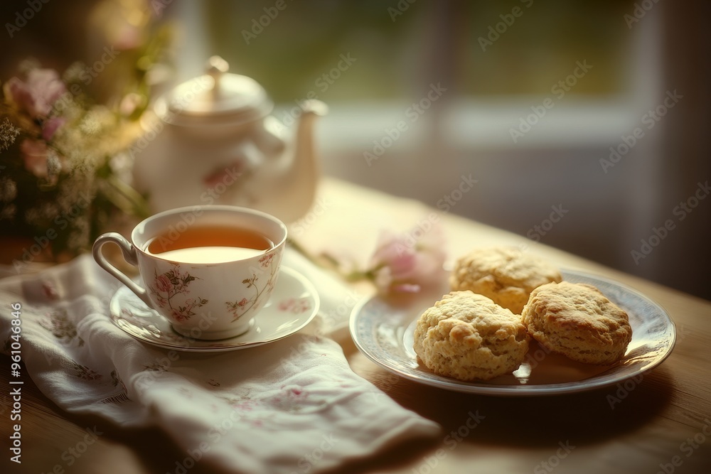 A cozy tea setting with a cup, biscuits, and flowers, evoking relaxation and comfort. A cozy tea setting with a cup, biscuits, and flowers, evoking relaxation and comfort.