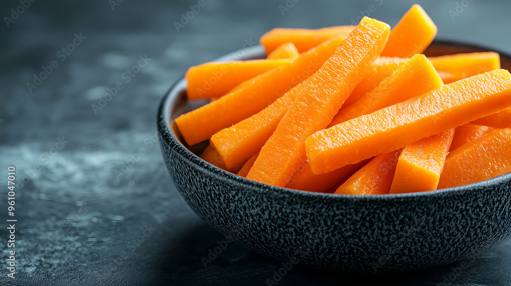 Fresh Carrot Sticks in Black Bowl on Dark Background Fresh Carrot Sticks in Black Bowl on Dark Background