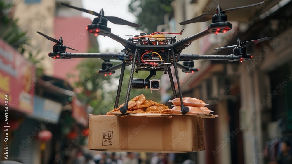 A drone delivering food in an urban setting, showcasing modern delivery methods and technology in action. A drone delivering food in an urban setting, showcasing modern delivery methods and technology in action.