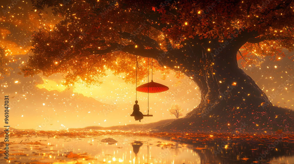 Solitary Figure on a Swing Hanging from an Ancient Twisted Tree, Holding a Red Umbrella Under a Mystical Sky Fading from Golden Yellow to Purple, Surrounded by Autumn Leaves and Reflective Water Solitary Figure on a Swing Hanging from an Ancient Twisted Tree, Holding a Red Umbrella Under a Mystical Sky Fading from Golden Yellow to Purple, Surrounded by Autumn Leaves and Reflective Water