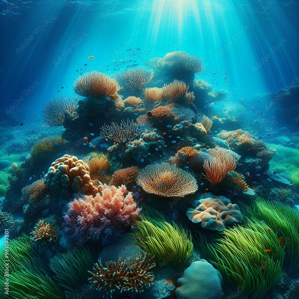 Fototapeta premium A peaceful tropical underwater seagrass meadow, seagrass swaying in the current ai generative