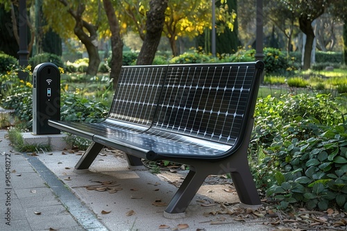 A modern solar-powered bench situated in a green park, ideal for relaxation and sustainable outdoor activities. photo