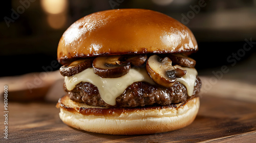 mushroom Swiss burger with a tender beef patty, earthy mushrooms, and creamy Swiss cheese on a warm bun
