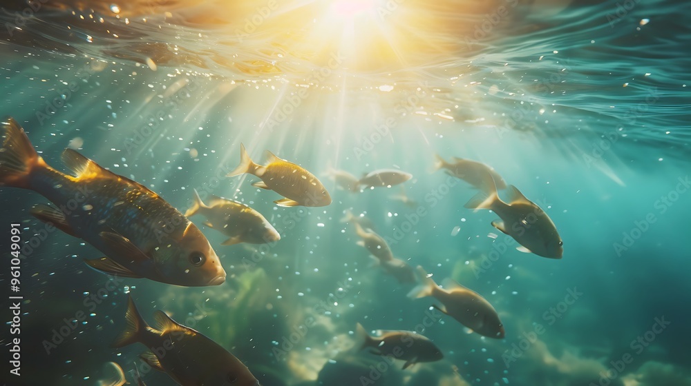 Fototapeta premium Fish swimming in the crystal clear water as the sun beams down
