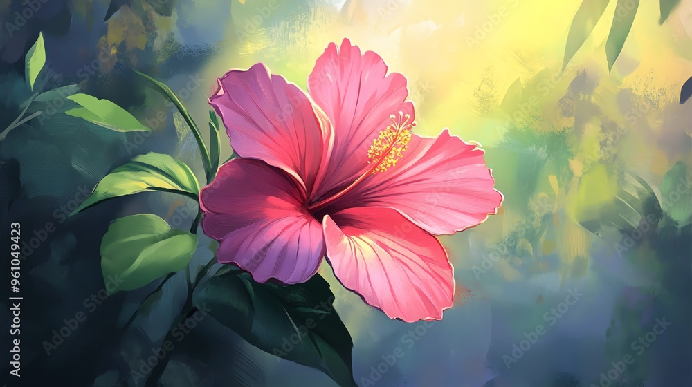 A vibrant pink hibiscus flower surrounded by lush greenery and soft light, capturing the beauty of nature. A vibrant pink hibiscus flower surrounded by lush greenery and soft light, capturing the beauty of nature.