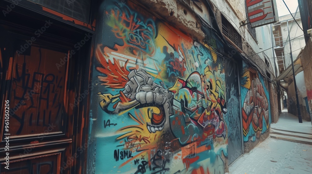 Obraz premium A colorful graffiti artwork adorns a wall in a narrow, dimly lit alleyway. The vibrant street art, filled with dynamic colors and bold lines, contrasts with the aged, weathered surroundings, creating
