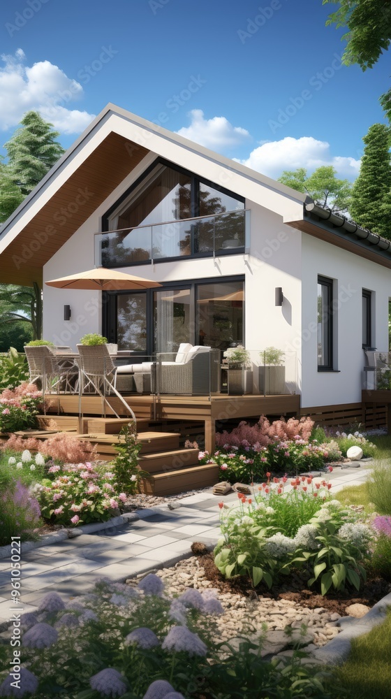 Luxurious small white family house with free lot space around it as a garden, small town or rural area, beautiful square house Luxurious small white family house with free lot space around it as a garden, small town or rural area, beautiful square house
