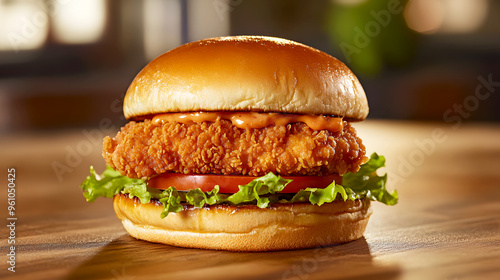 mouthwatering crispy chicken burger with a breaded chicken fillet, crisp lettuce, and juicy tomato, served on a warm brioche bun photo