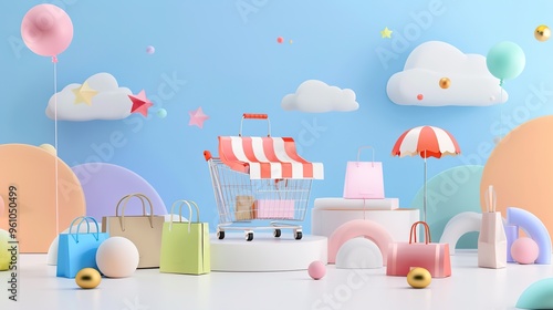 Blue e-commerce shopping festival background, balloons, gifts, packages, shopping carts, shops, goods