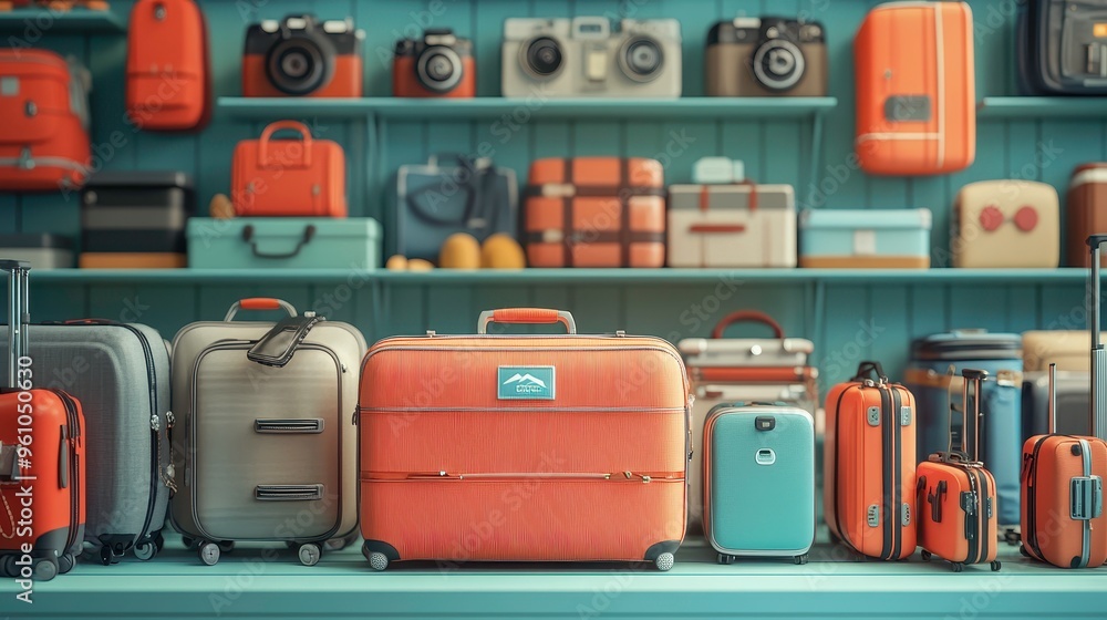Global e-commerce site showcasing travel accessories, close-up on luggage and international travel gear Global e-commerce site showcasing travel accessories, close-up on luggage and international travel gear