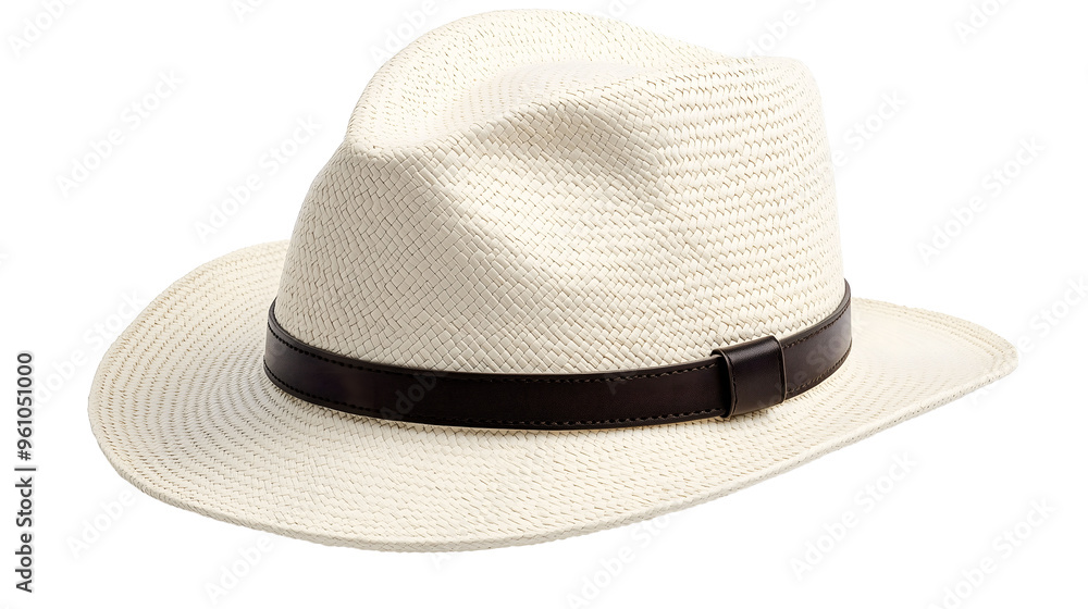 White straw fedora hat with brown leather band isolated on white background
White straw fedora hat with brown leather band isolated on white background