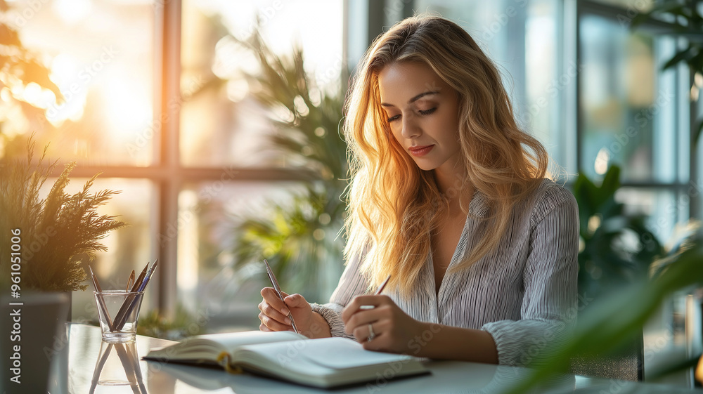 woman making notes in a notebook while seated at a sleek desk in a bright office, woman making notes in a notebook while seated at a sleek desk in a bright office,
