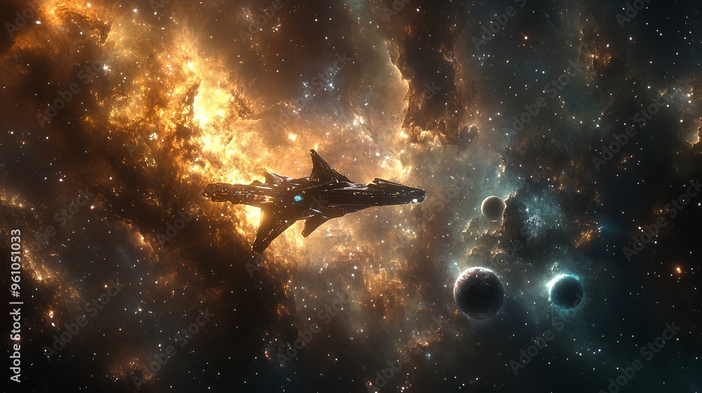 Fototapeta premium A futuristic spacecraft cruising through the stars in a deep, dark galaxy with glowing nebulae and distant planets in the background, highlighting the vastness of space