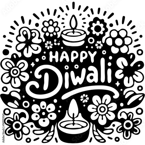 Happy Diwali inscription on flower bouquet background in monochrome. Simple minimalistic vector in black ink drawing on transparent background