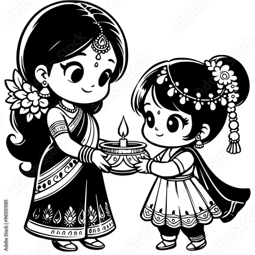 Little loving daughter passes burning candle in ceramic bowl to her mother in monochrome. Simple minimalistic vector in black ink drawing on transparent background