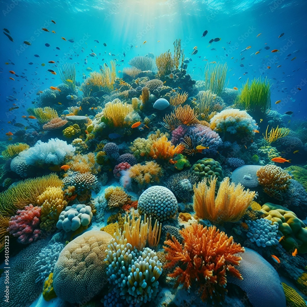 Naklejka premium A peaceful tropical underwater seagrass meadow, seagrass swaying in the current ai generative