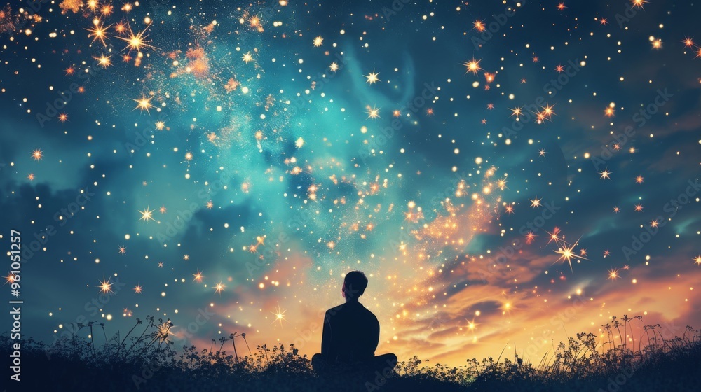 A lone figure sits quietly under a mesmerizing starry sky during twilight, surrounded by nature. The image captures the beauty of solitude and reflection, perfect for themes of introspection and the A lone figure sits quietly under a mesmerizing starry sky during twilight, surrounded by nature. The image captures the beauty of solitude and reflection, perfect for themes of introspection and the