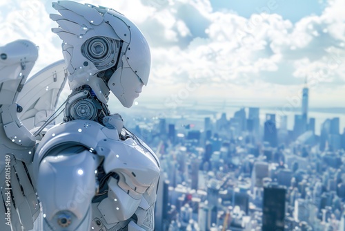 Futuristic robot overlooking a modern cityscape, symbolizing technology, innovation, and urban development.