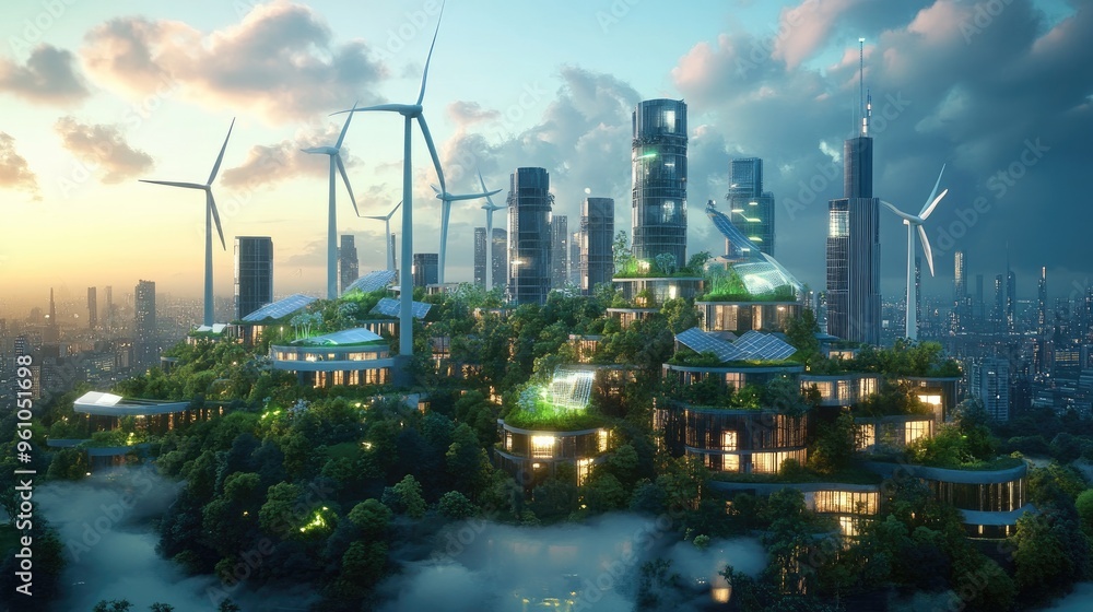 Obraz premium A futuristic, eco-friendly city with wind turbines and solar panels integrated into every building, glowing with clean energy.
