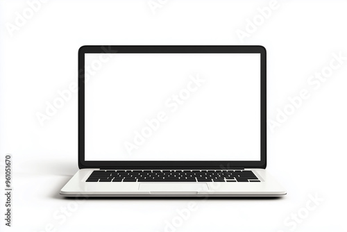 Laptop with blank screen isolated on white background, white aluminium body.Whole in focus. High detailed. Template, mockup