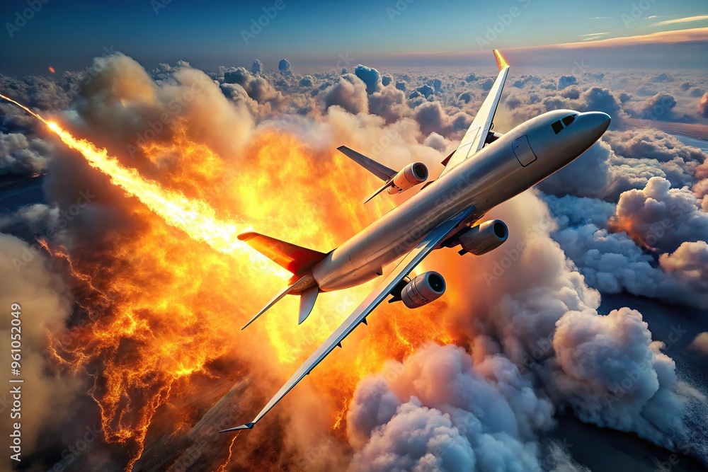 A plane flying at a high angle with flames erupting from the motor