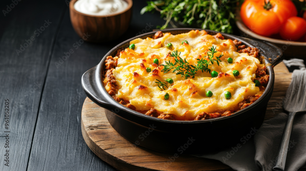 Delicious shepherd's pie topped with melted cheese, peas, and herbs, served in a cast-iron skillet on a rustic wooden board. Delicious shepherd's pie topped with melted cheese, peas, and herbs, served in a cast-iron skillet on a rustic wooden board.