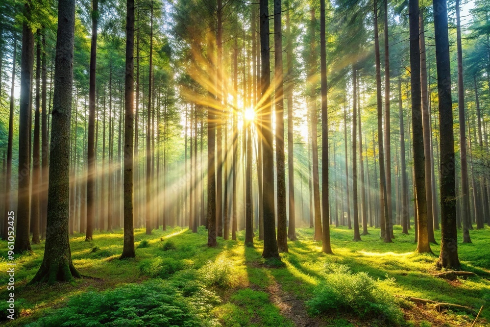 Obraz premium A serene forest scene with morning sunlight filtering through the trees