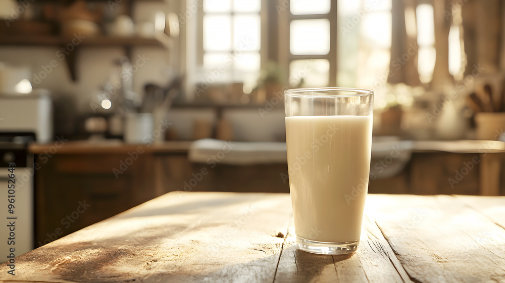 milk, set on a wooden table in a cottage-style kitchen, with a background of natural, rustic elements
