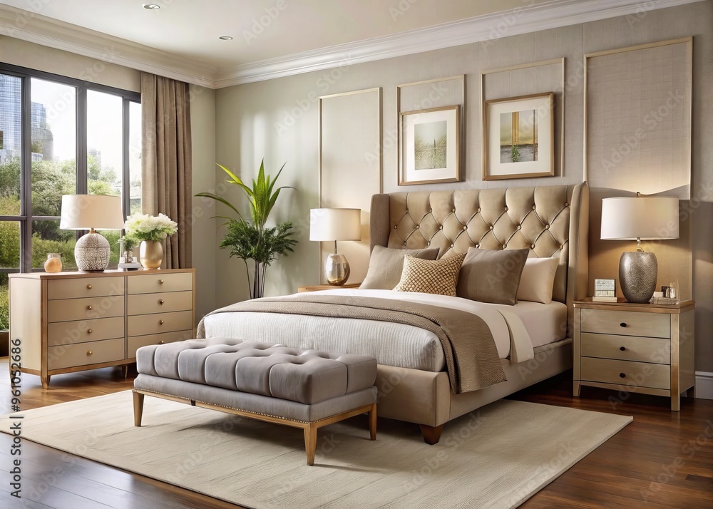 • This stylish and comfortable bedroom furniture set boasts warm, neutral tones, featuring an upholstered bed and • This stylish and comfortable bedroom furniture set boasts warm, neutral tones, featuring an upholstered bed and