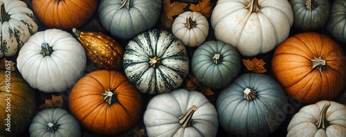 painting of pumpkins in realistic style, top view, various shapes and sizes, green and white pumpkins, muted color scheme