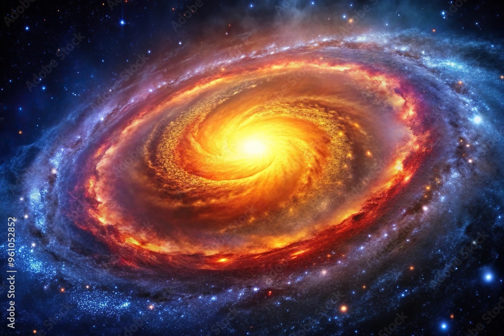 A stunning macro image of a fiery spiral galaxy set against a starry background A stunning macro image of a fiery spiral galaxy set against a starry background
