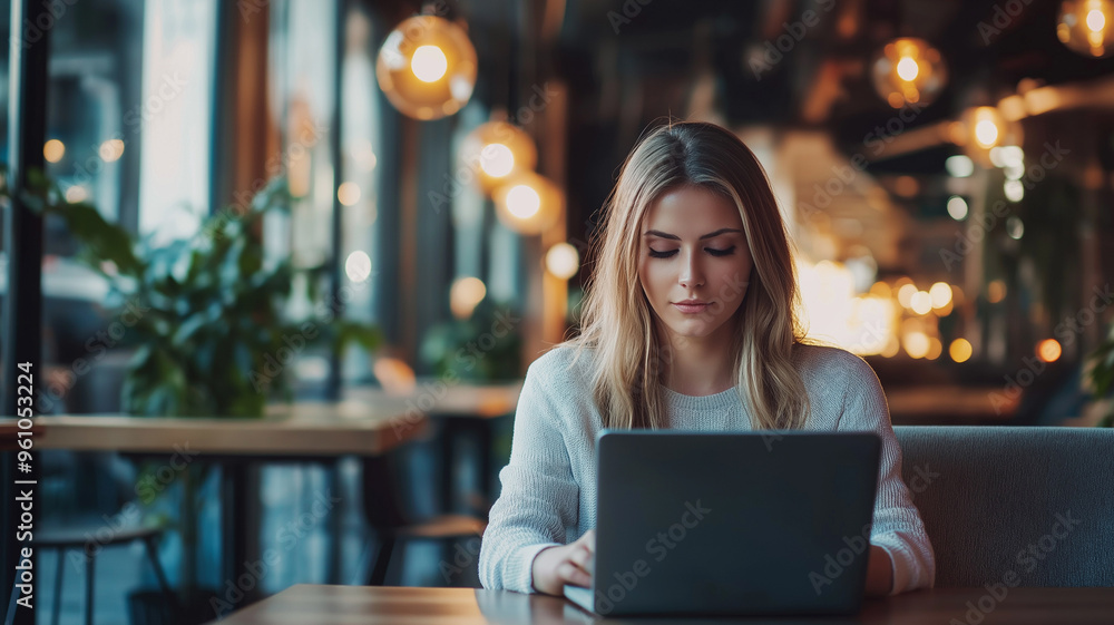 Fototapeta premium woman in business casual attire, working on a laptop at a modern co-working space,